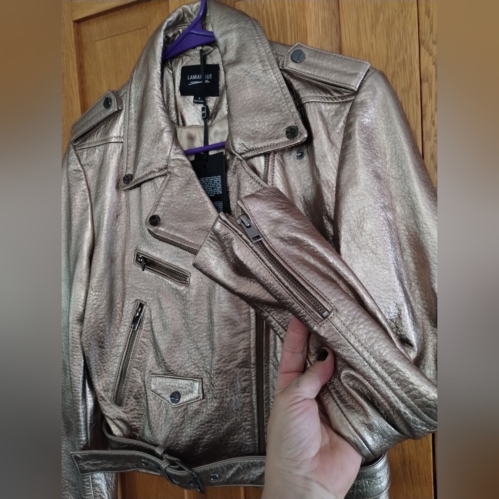 NWT Lamarque Roberto metallic gold leather belted moto jacket - Picture 6 of 15